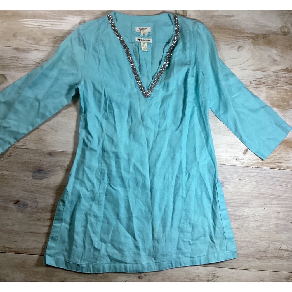 Malvin Hamburg-Germany Women Turquoise Blue 100% Linen Sequin V-Neck Tunic Top M